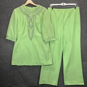 Vintage Edith Flagg 2 Piece Pantsuit Set Womens Lime Green Embroidered 60s 70s